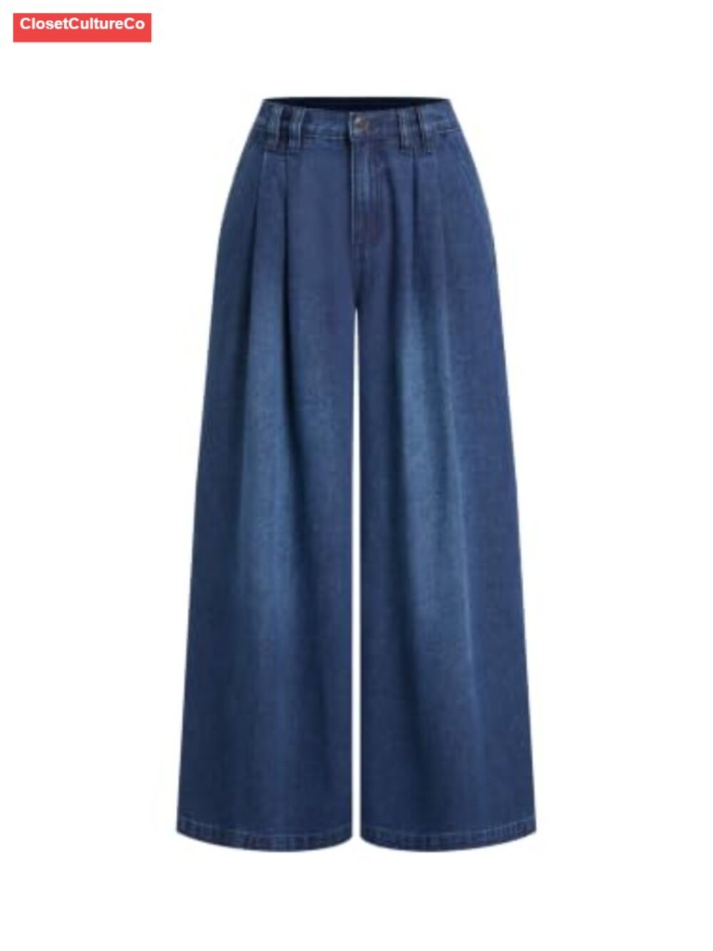 Mid Rise Wide Leg Jeans Pleated Front Denim Pants Pull On Elastic Waist - Picture 1 of 4